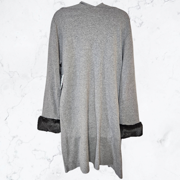New Kasper Grey Knit Faux Fur Trim Longline Duster Cardigan Plus Sweater - Picture 8 of 11